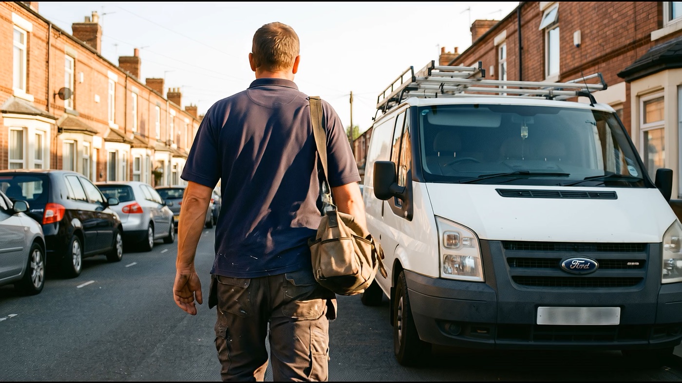 An electrician walks back to his van on a terraced street in early-evening light